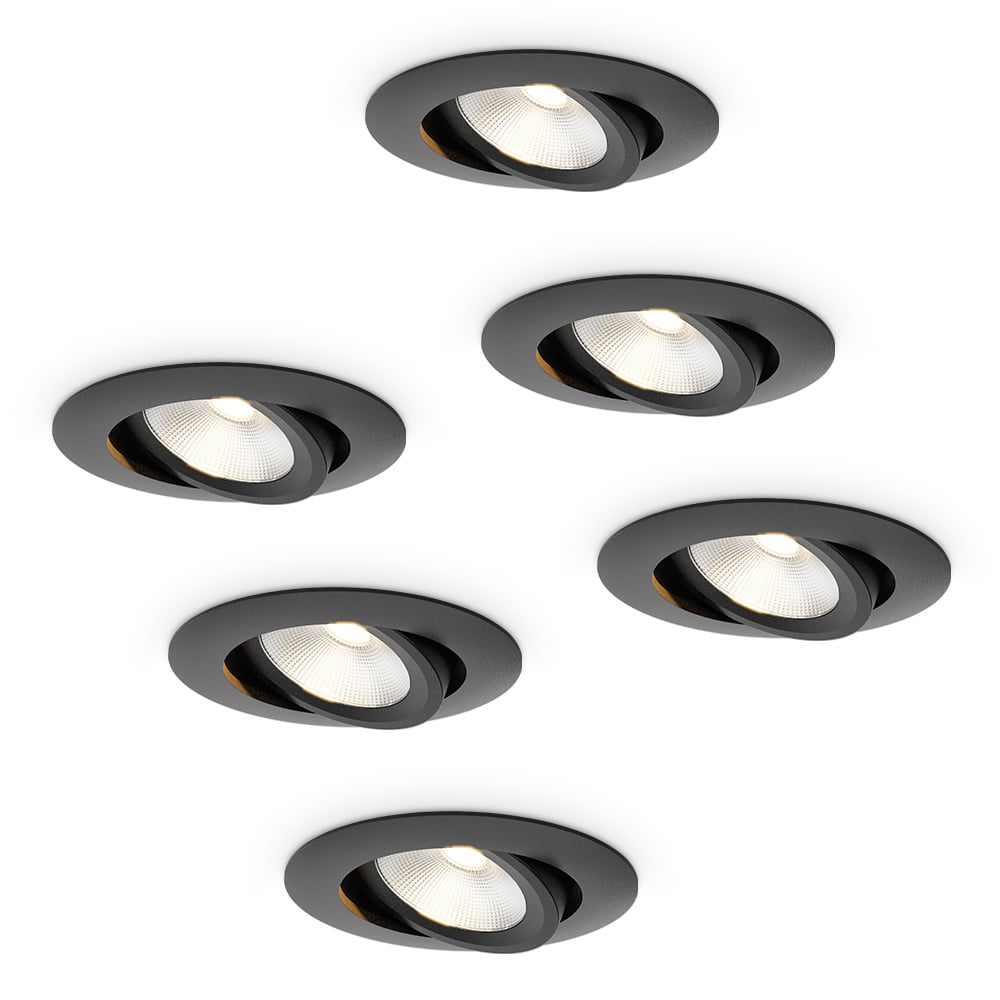 6x Lugo LED indbygningsspots - sort - dæmpbar - 5W 450lm - 2700K - vipbar - IP65