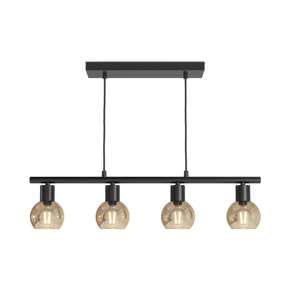 Glazura - LED Pendant Lamp 4 Lights - Amber Glass - Black - E14 Fittings