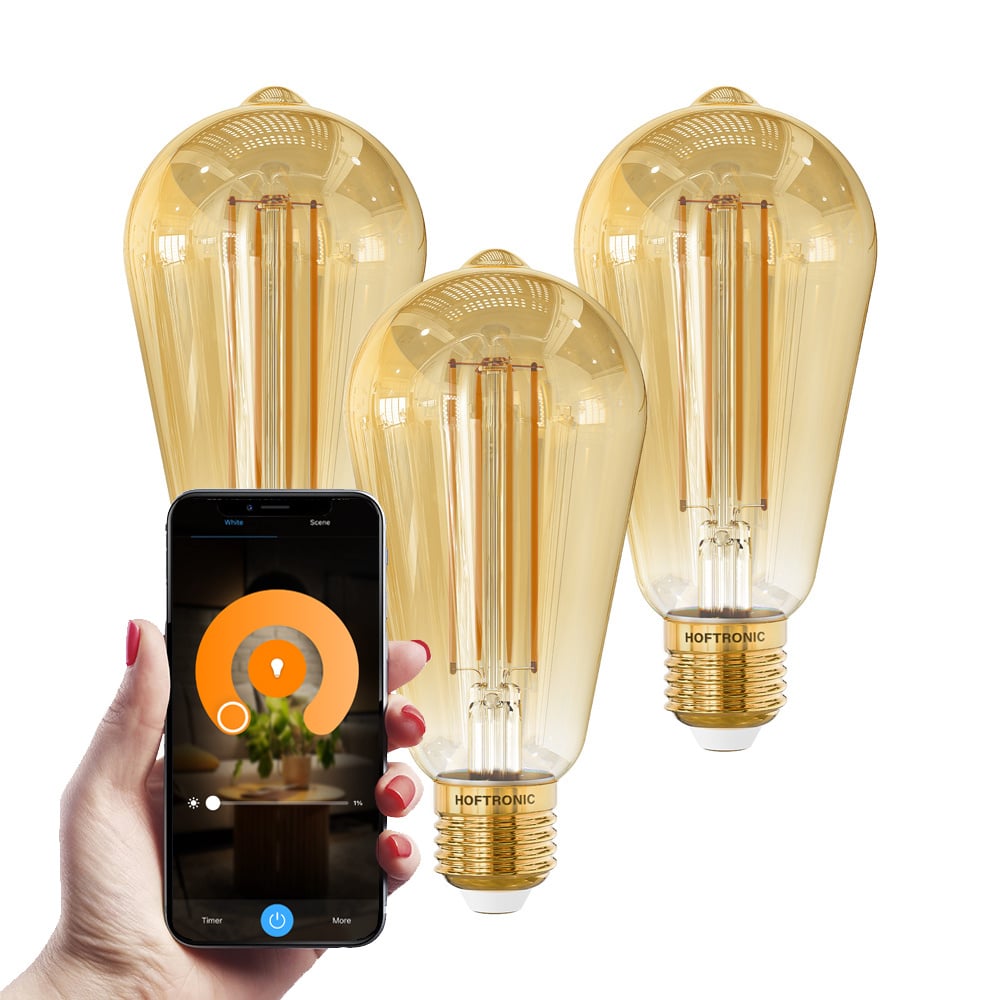 3x Smart LED Filament Bulb 7W 806lm ST64 Amber Gold Base 1800-3000K Dimmable