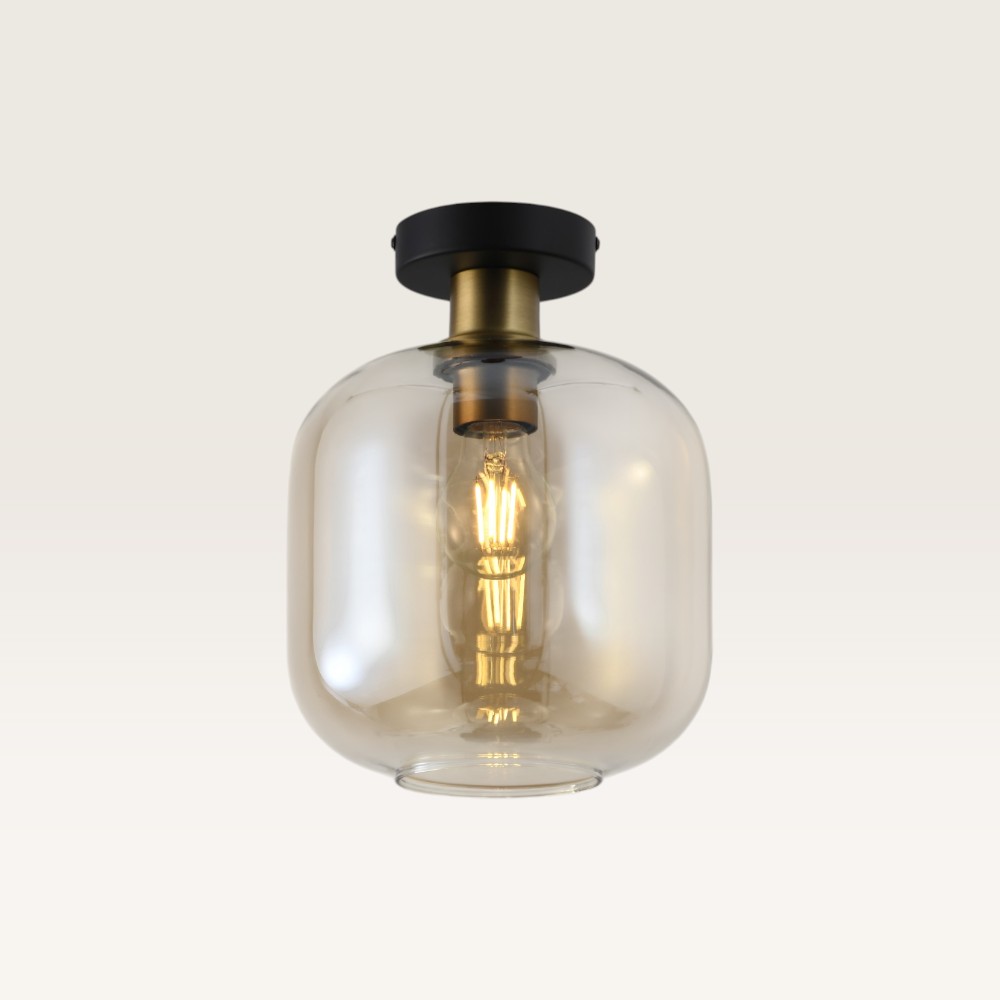 Taklampa Xirena ambra - Kula av bärnstensfärgat glas - Takplatta i metall