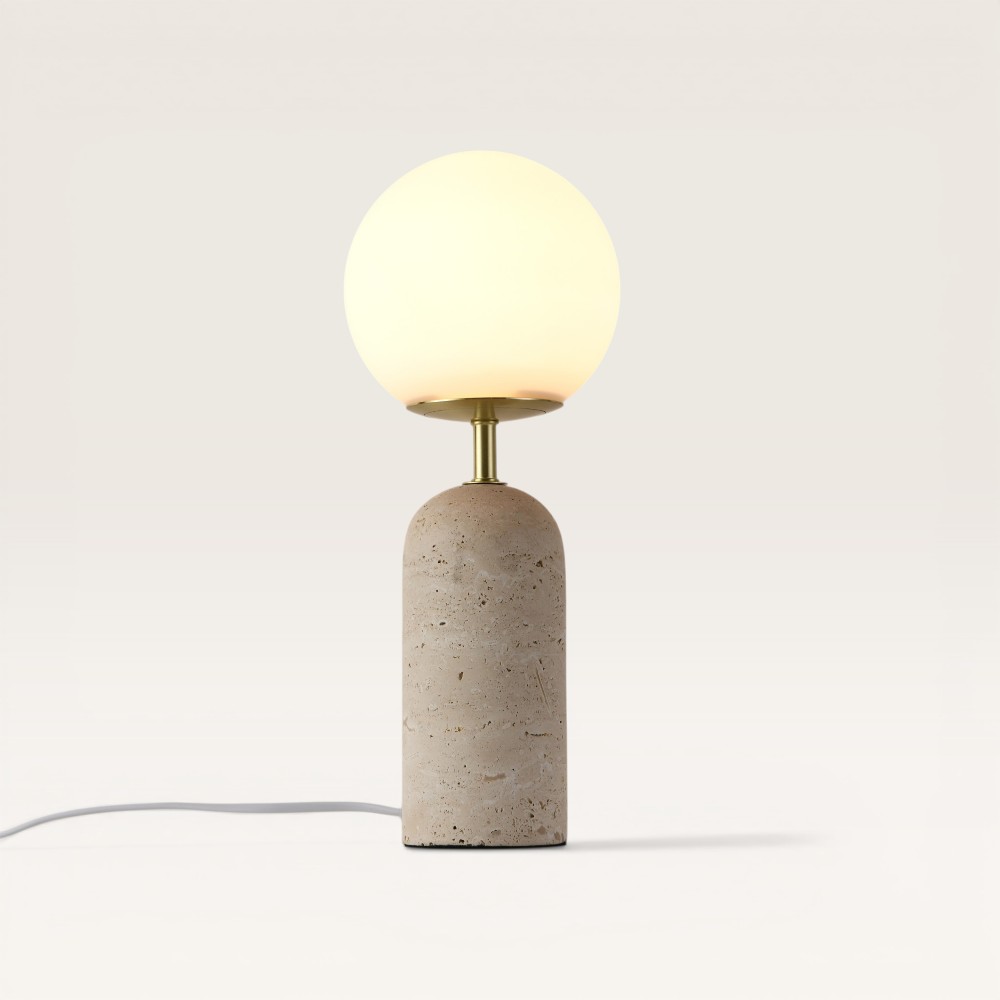 Tafellamp Naeva travertino s - Bol van handgemaakt opaalglas, voet van travertin