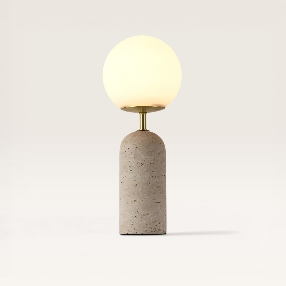 Lampe de table Naeva travertino s - Sphère en verre opale fait main, pied en travertin