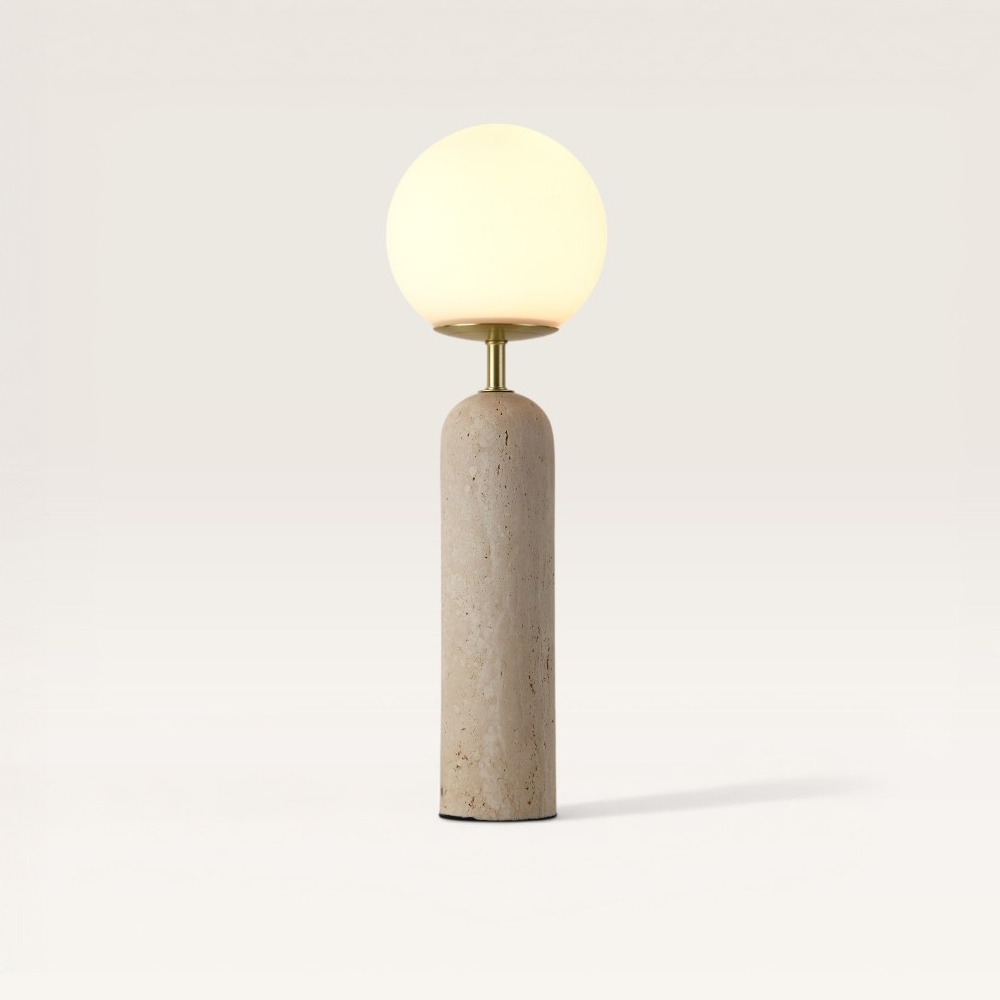 Lampe de table Naeva travertino m - Sphère en verre opale fait main, pied en travertin