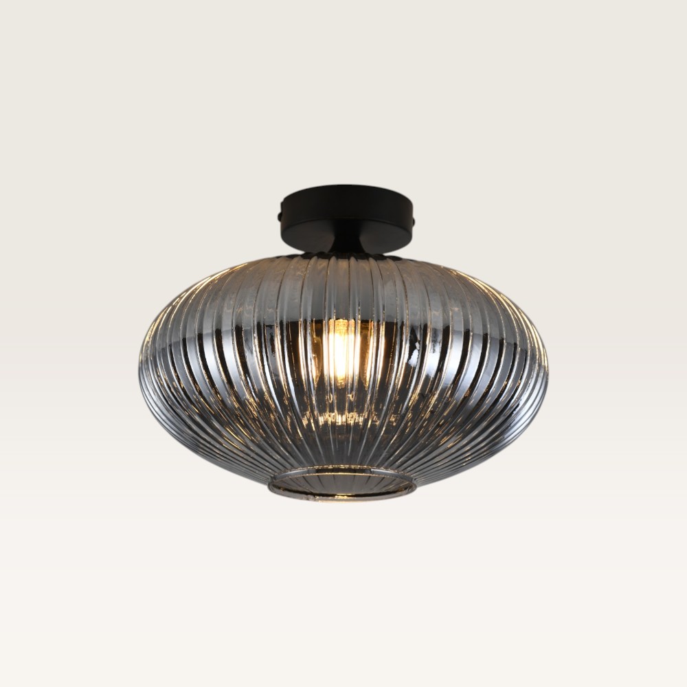 Taklampa Ovale vetro fumé - Kula av räfflat rökfärgat glas - Svart armatur
