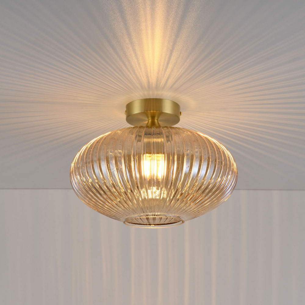 Plafonnier Ovale ambra - Sphère en verre ambré strié - Support doré