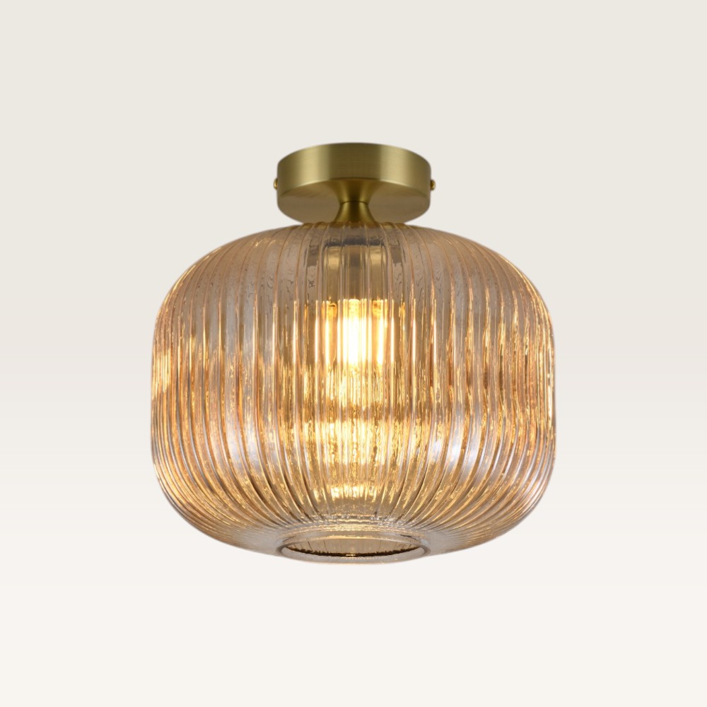 Taklampa Virello ambra - Kula av räfflat bärnstensfärgat glas - Guldarmatur