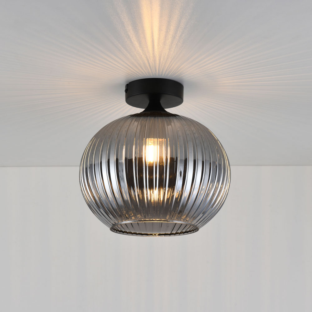 Plafonnier Globo vetro fumé - Sphère en verre fumé strié - Support noir