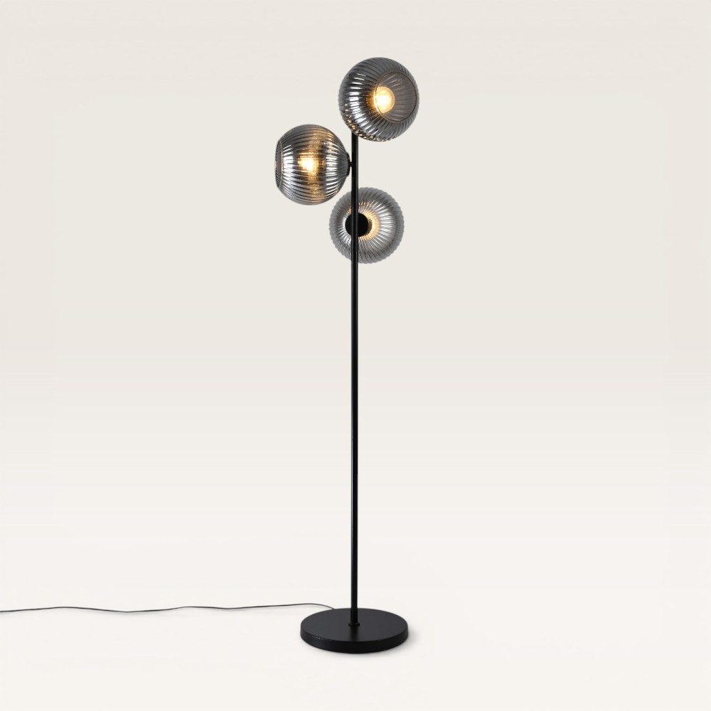 Floor lamp Ciotola vetro fumé l III - Three ribbed smoked glass globes