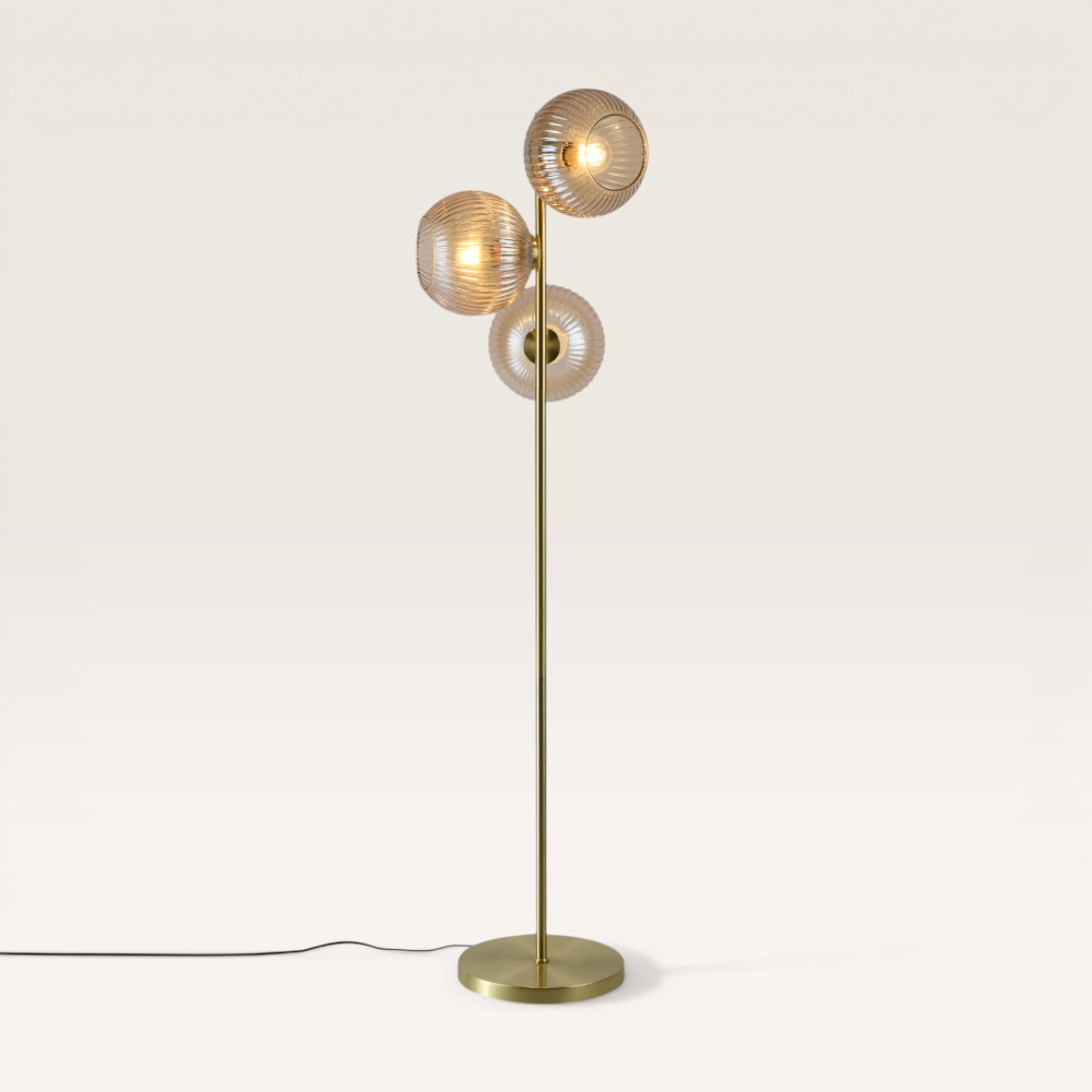 Floor lamp Ciotola ambra l III - Ribbed amber-coloured glass globes