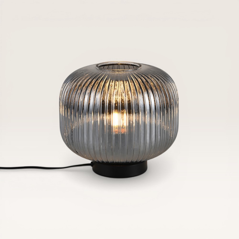 Tischleuchte Virello vetro fumé s – Kugel aus Rauchglas – Schwarzer Fuß 