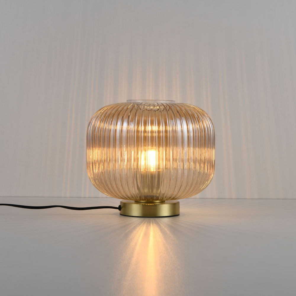 Lampe de table Virello ambra s - Sphère en verre strié - Pied doré