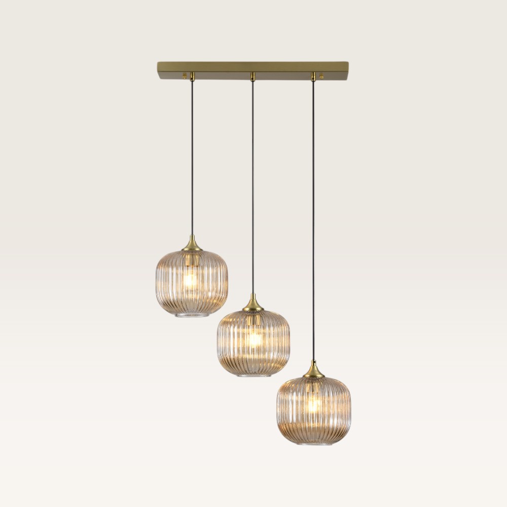 Hänglampa Virello ambra III - Tre kulor av räfflat bärnstensfärgat glas