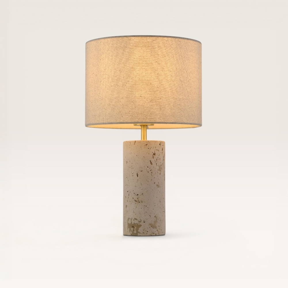 Lampe de table Nalori lino travertino - Abat-jour en lin et pied en travertin 