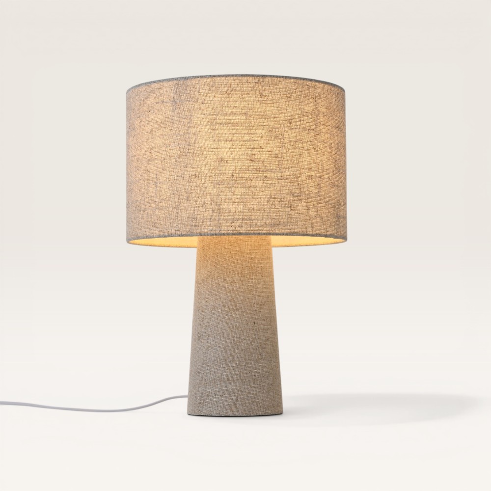 Tischleuchte Melyro lino – Schirm und Fuß aus durchscheinendem Leinen