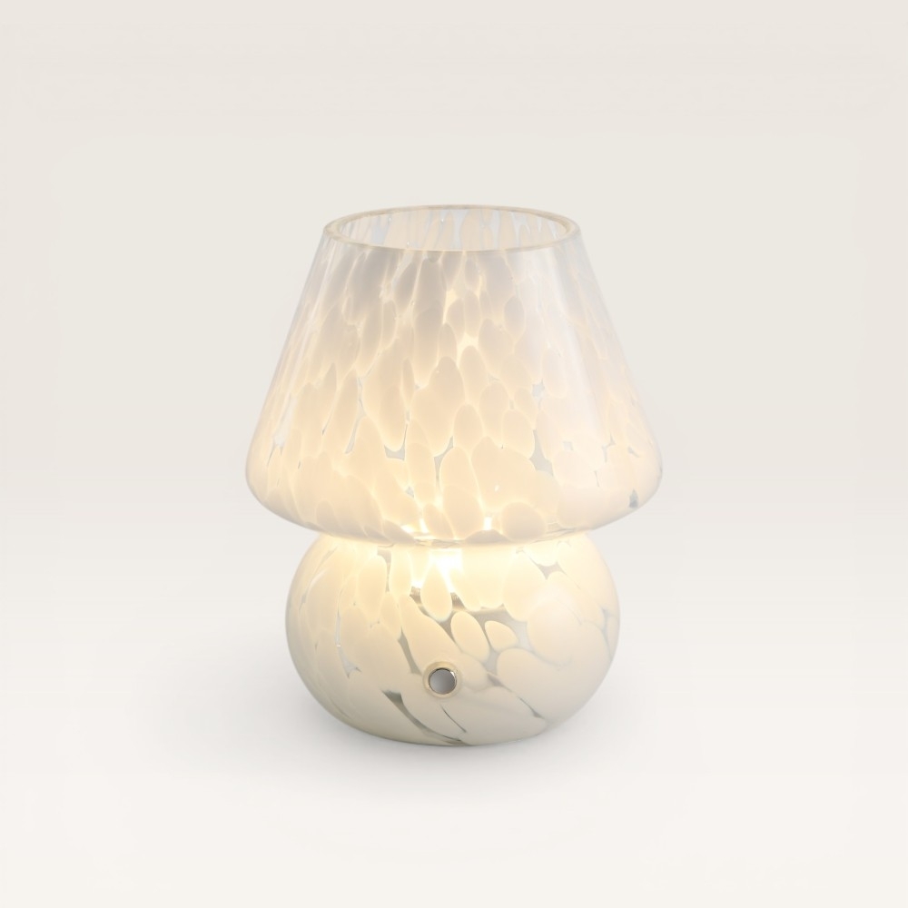 LED-Tischlampe Qireno marmo – Dimmbare und wiederaufladbare Pilzlampe aus Glas
