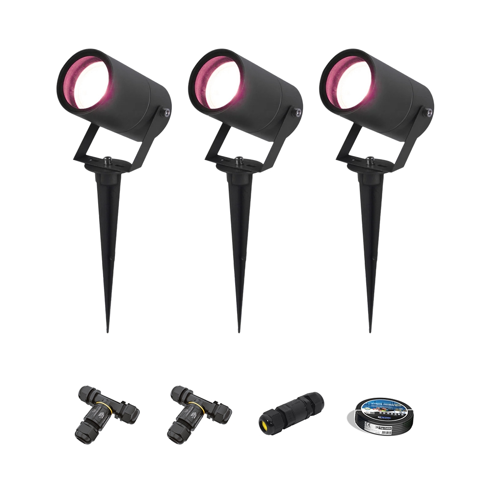 3x Spikey Smart Garden Spike Lights - WiFi - 5,5W 345lm - RGBWW - IP65 - Black - Including installation material (Cable & connector)