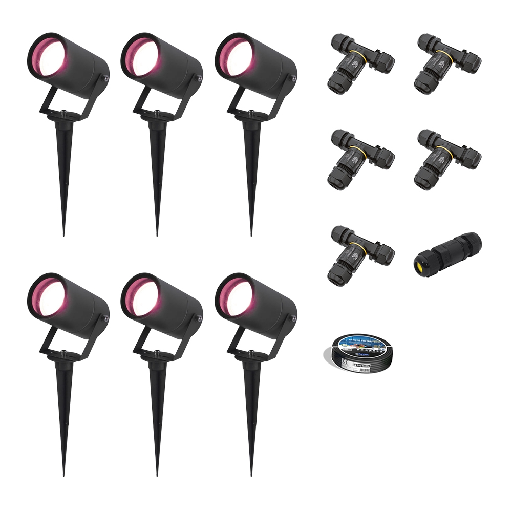 6x Spikey Smart Garden Spike Lights - WiFi - 5,5W 345lm - RGBWW - IP65 - Black - Including installation material (Cable & connector)