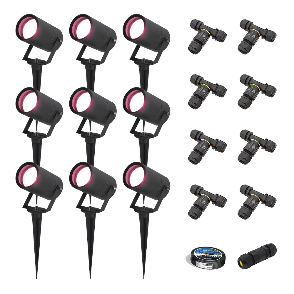9x Spikey Smart Garden Spike Lights - WiFi - 5,5W 345lm - RGBWW - IP65 - Black - Including installation material (Cable & connector)