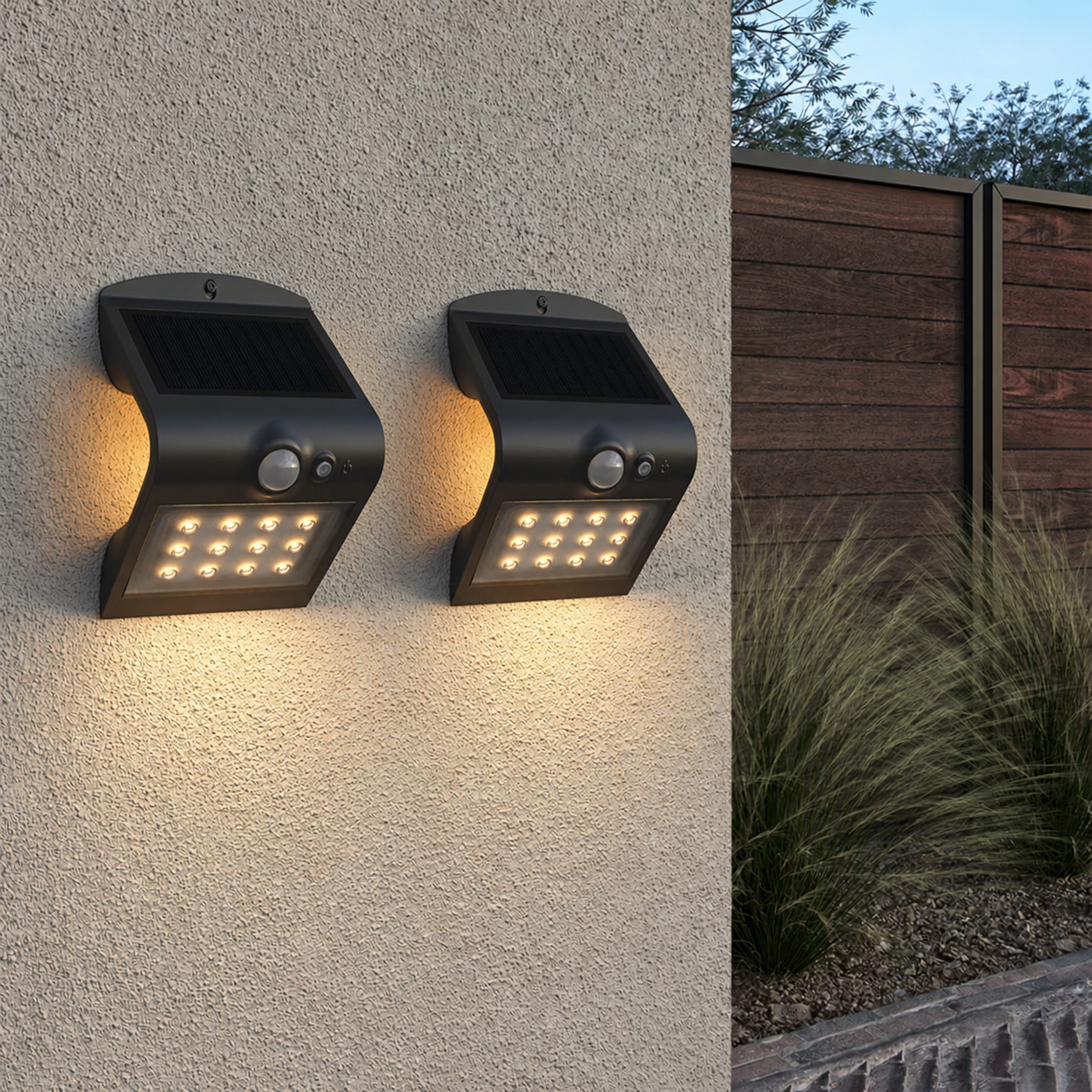 2er Set Rhodes Solar-Wandleuchte Up & Down - mit Bewegungssensor - 1,5 W - 3000 K Warmweiß - 2 Leuchtstufen - IP65 wasserdicht - Wandleuchte für Zaun - Schwarz