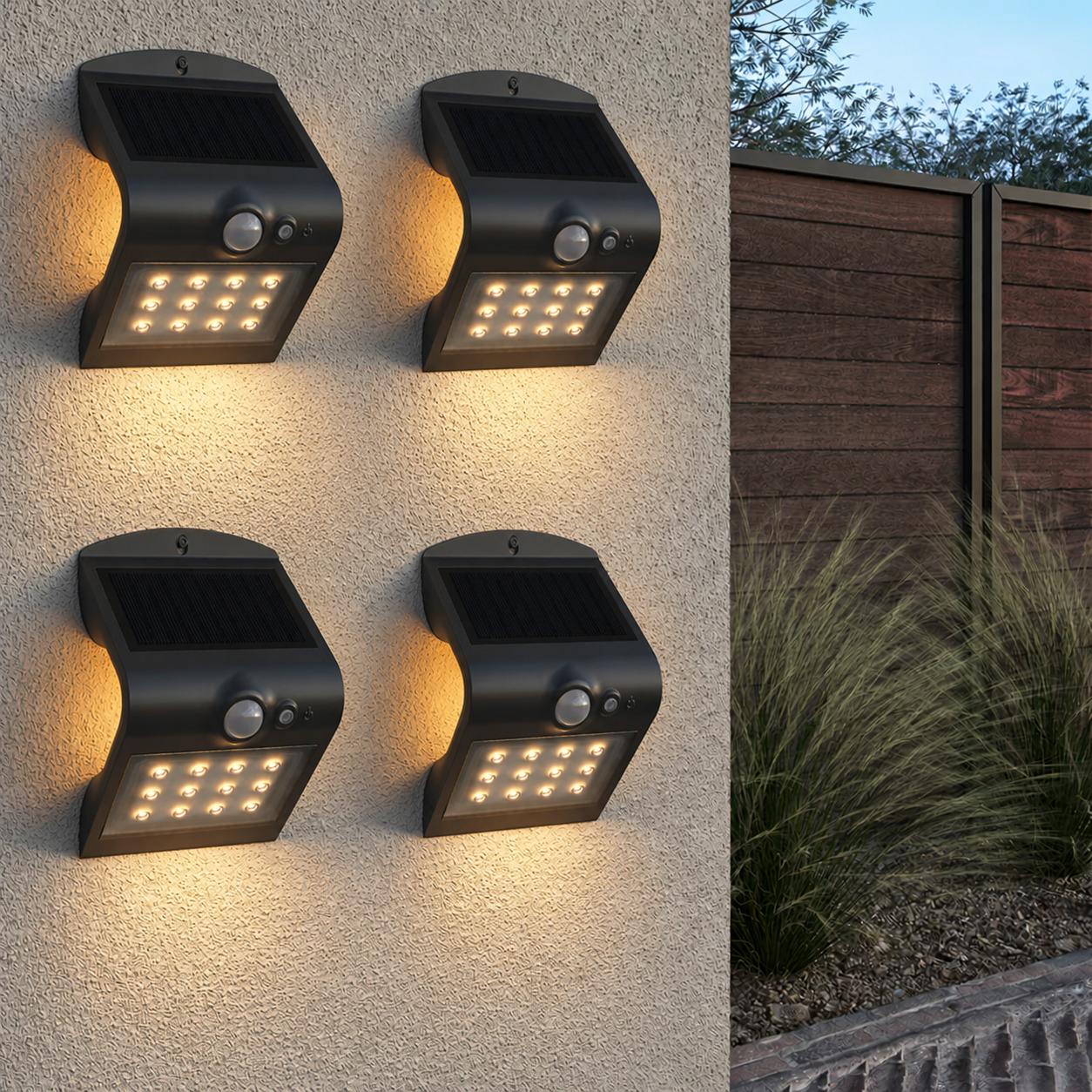 4er Set Rhodes Solar-Wandleuchte Up & Down - mit Bewegungssensor - 1,5 W - 3000 K Warmweiß - 2 Leuchtstufen - IP65 wasserdicht - Wandleuchte für Zaun - Schwarz