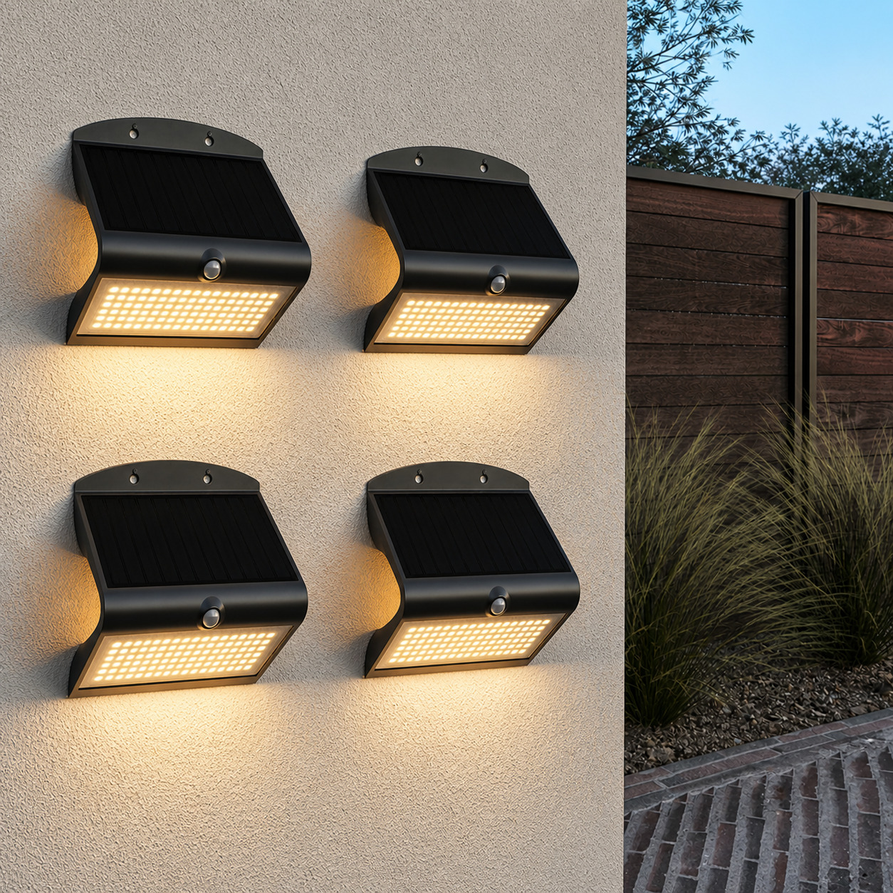 2er Set Rhodes Solar-Wandleuchte Up & Down - mit Bewegungssensor - 8 W - 3000 K Warmweiß - 2 Leuchtstufen - IP65 wasserdicht - Wandleuchte für Zaun - Schwarz