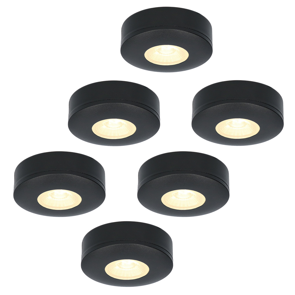 6x Pavo - Platte LED opbouwspots 23mm - 3W 300lm - 2700K - Dimbaar - IP44 - Zwart