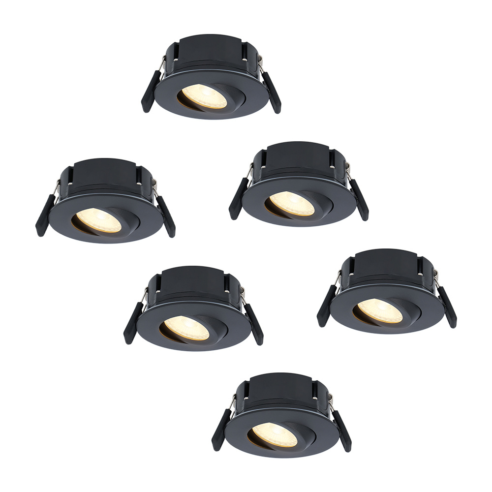 6x Napels LED Spots Flad - 8W 570lm - 2700K - Vipbar - Dæmpbar - IP65 - Sort