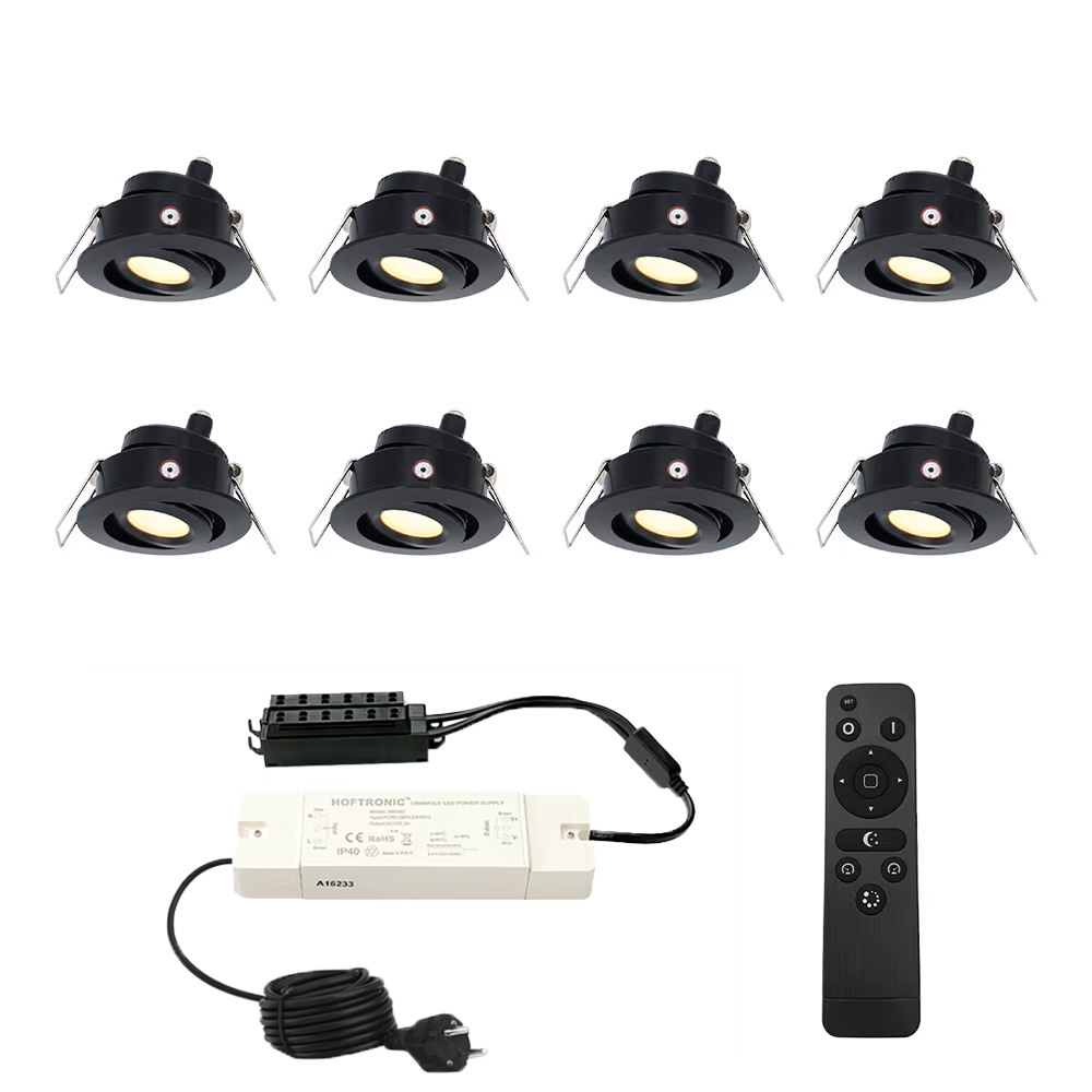 8x Sienna 12V inbouwspots - 3W 200lm 2700K - IP44 - kantelbaar - afstandsbediening