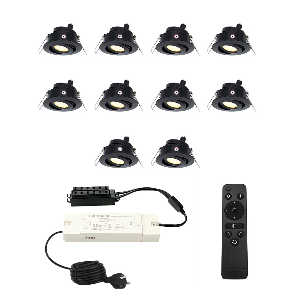10x Sienna 12V inbouwspots - 3W 200lm 2700K - IP44 - kantelbaar - afstandsbediening