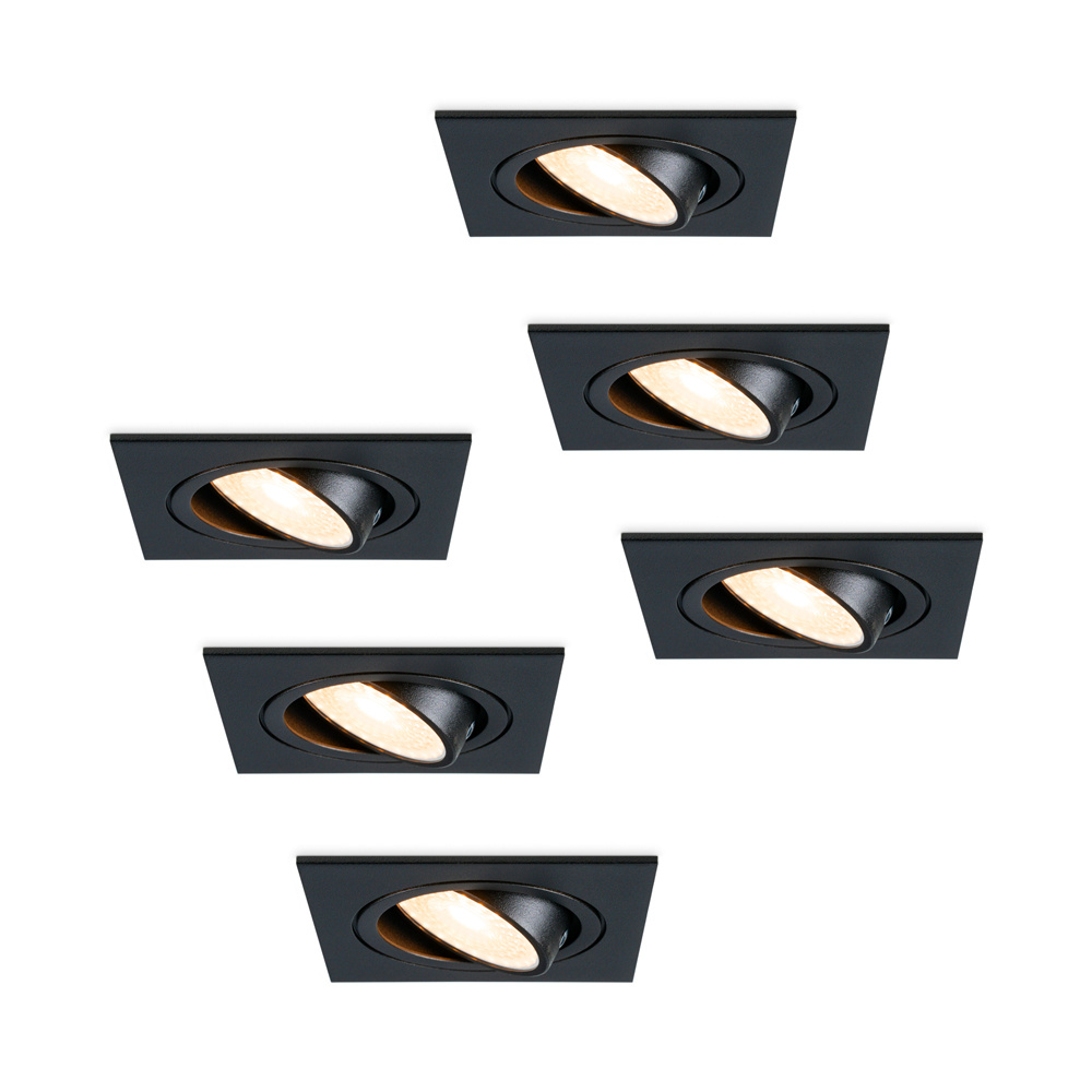 6x Mallorca LED Einbaustrahler Eckig - 4W 345 lumen - 2700K - Schwenkbar - Schwarz