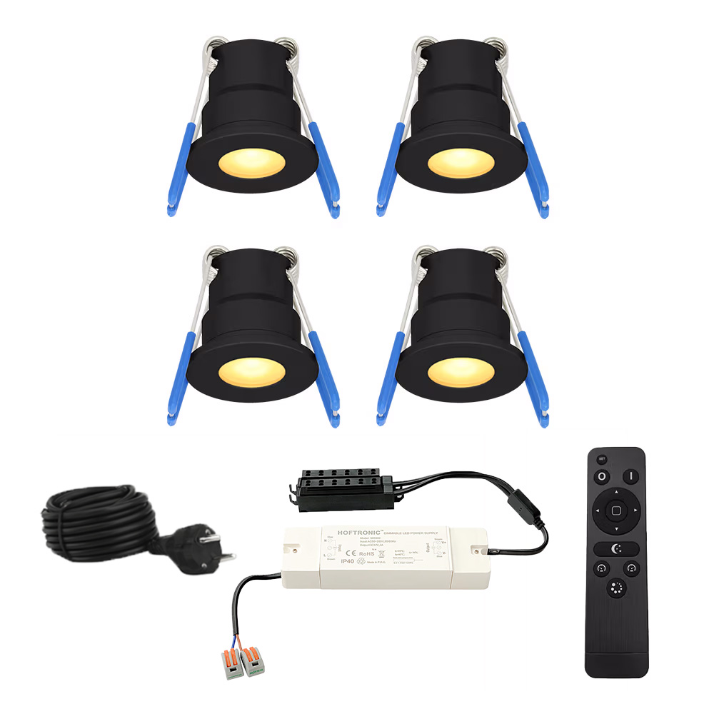 Set van 4 12V 3W - Mini LED Inbouwspot - Zwart - Dimbaar - Verzonken - IP65 - 2700K