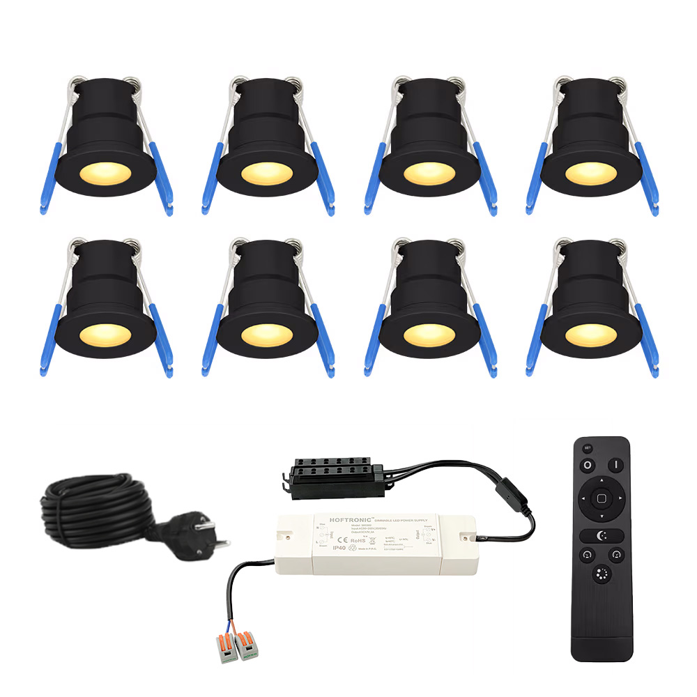 Set van 8 12V 3W - Mini LED Inbouwspot - Zwart - Dimbaar - Verzonken - IP65 - 2700K