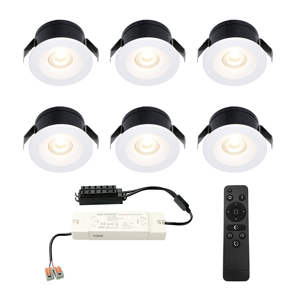 6x Cadiz LED 12V Mini indbygningsspot - 3W 200lm - Dæmpbar - 2700K - IP44 - Hvid