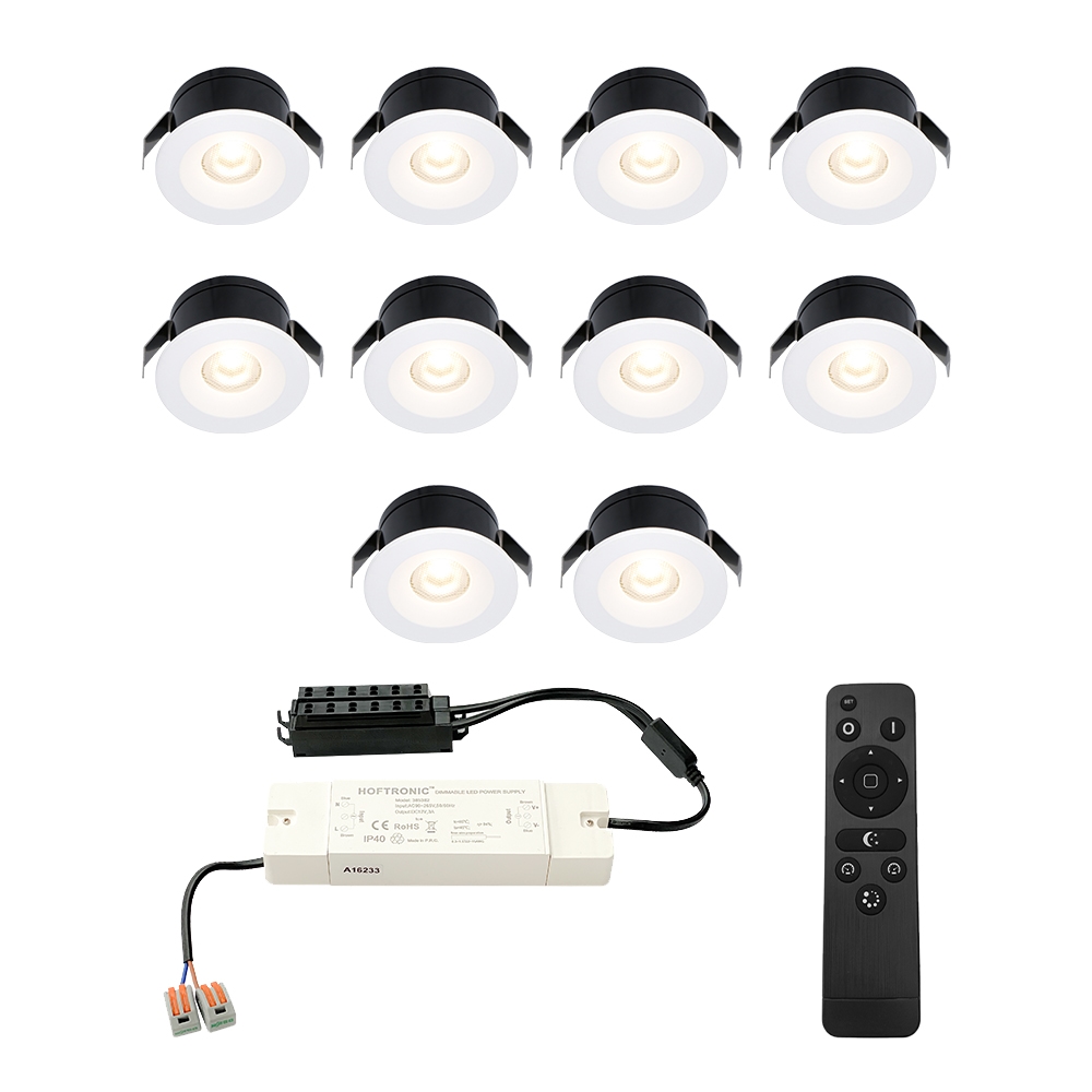 10x Cadiz LED 12V Mini indbygningsspot - 3W 200lm - Dæmpbar - 2700K - IP44 - Hvid