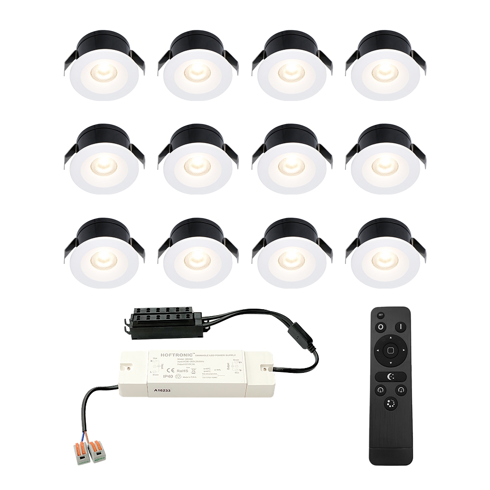 12x Cadiz LED 12V Mini indbygningsspot - 3W 200lm - Dæmpbar - 2700K - IP44 - Hvid