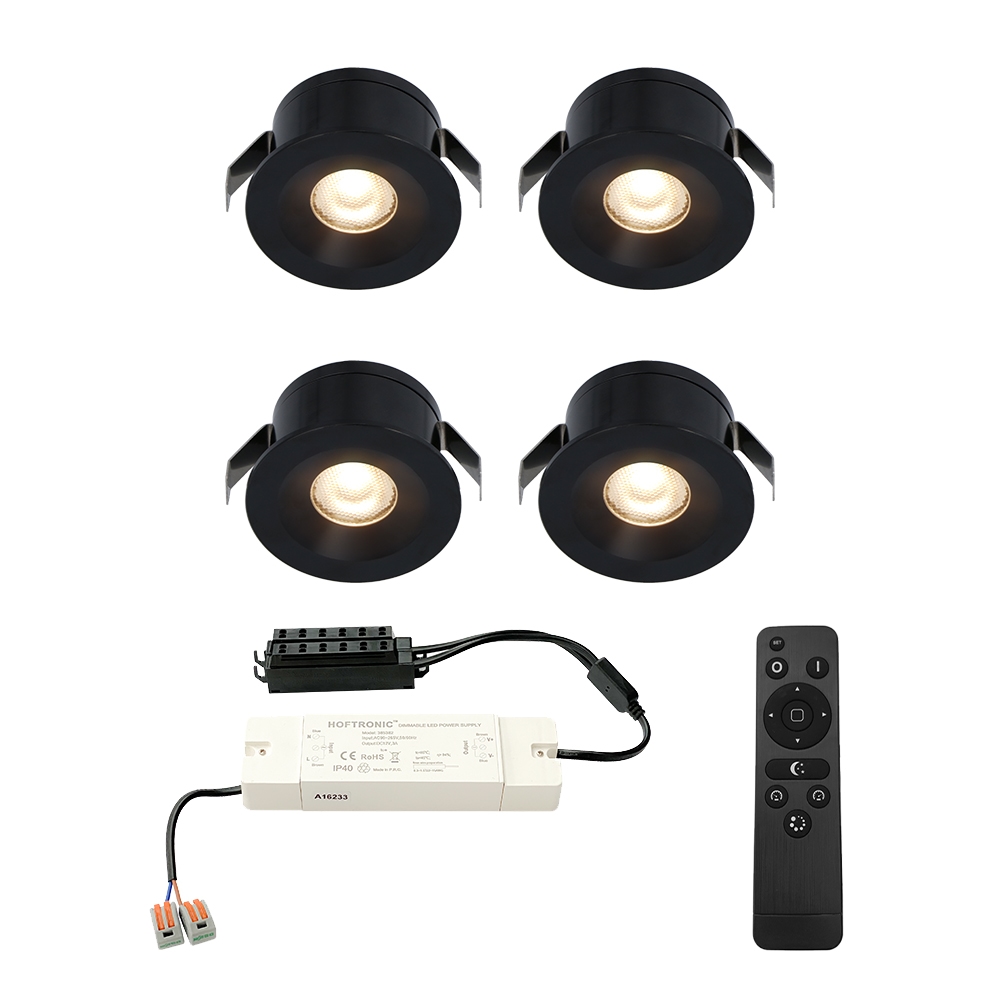 4x Cadiz LED 12V Mini indbygningsspot - 3W 200lm - Dæmpbar - 2700K - IP44 - Sort