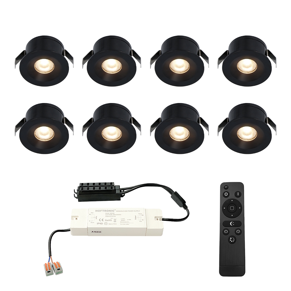 8x Cadiz LED 12V Mini indbygningsspot - 3W 200lm - Dæmpbar - 2700K - IP44 - Sort