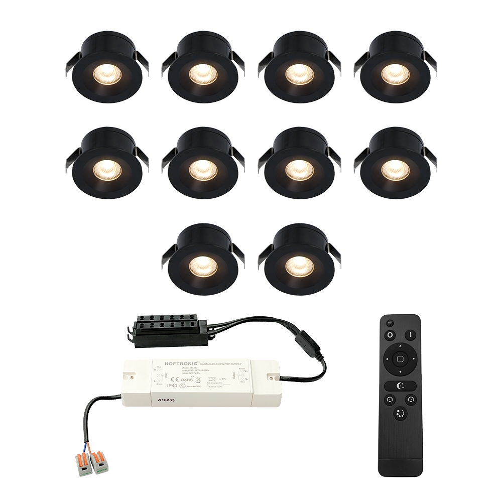 10x Cadiz LED 12V Mini indbygningsspot - 3W 200lm - Dæmpbar - 2700K - IP44 - Sort