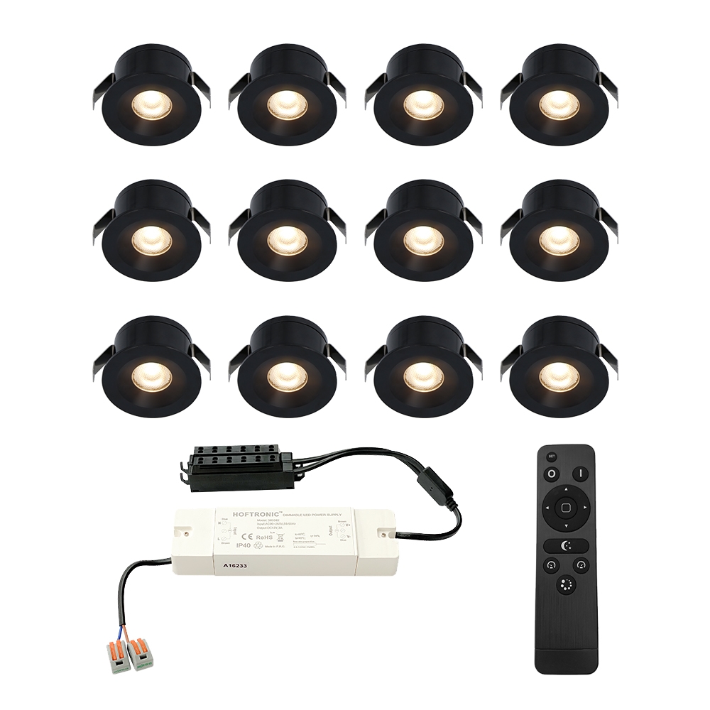 12x Cadiz LED 12V Mini indbygningsspot - 3W 200lm - Dæmpbar - 2700K - IP44 - Sort