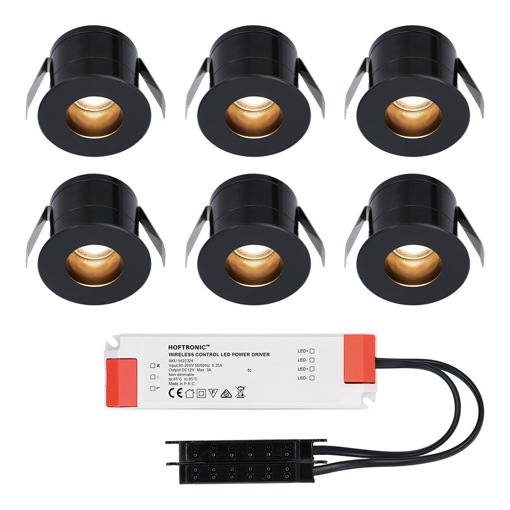 6x Olivia 12V Mini LED indbygningsspots - 3W 150lm - 2700K - IP44- Blændfri - Sort