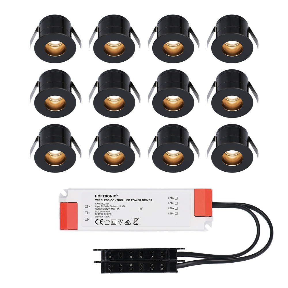 12x Olivia 12V Mini LED indbygningsspots - 3W 150lm - 2700K - IP44- Blændfri - Sort