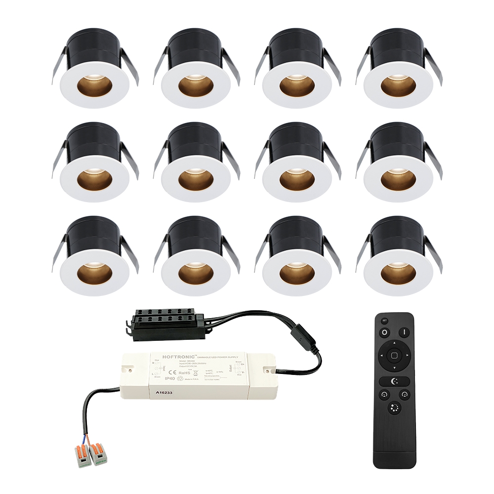 12x Olivia 12V Mini indbygningsspot - 3W 150lm - Dæmpbar - 2700K - IP44 - Hvid