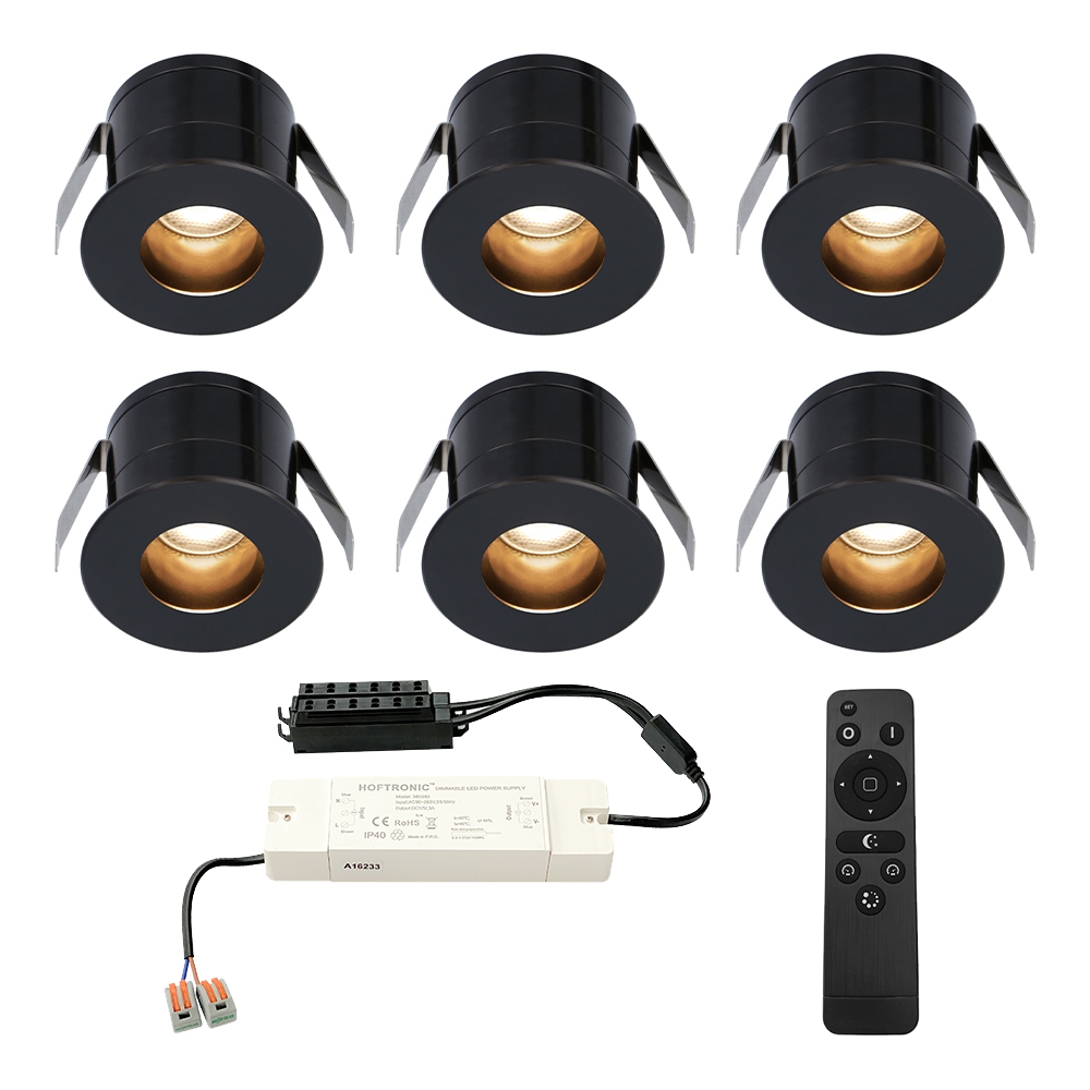 6x Olivia 12V Mini indbygningsspot - 3W 150lm - Dæmpbar - 2700K - IP44 - Sort