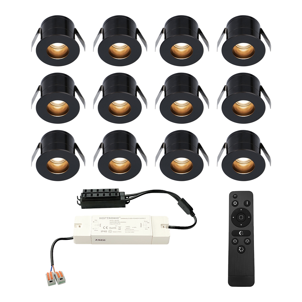 12x Olivia 12V Mini indbygningsspot - 3W 150lm - Dæmpbar - 2700K - IP44 - Sort