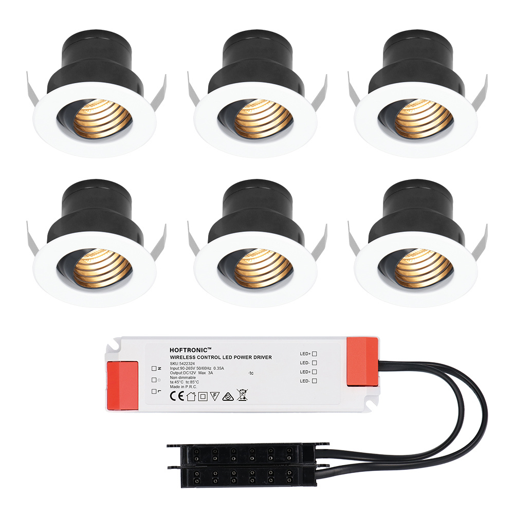 6x Medina 12V LED Mini Spots - 3W 150lm - Vipbar - 2700K - IP44- Blændfri - Hvid