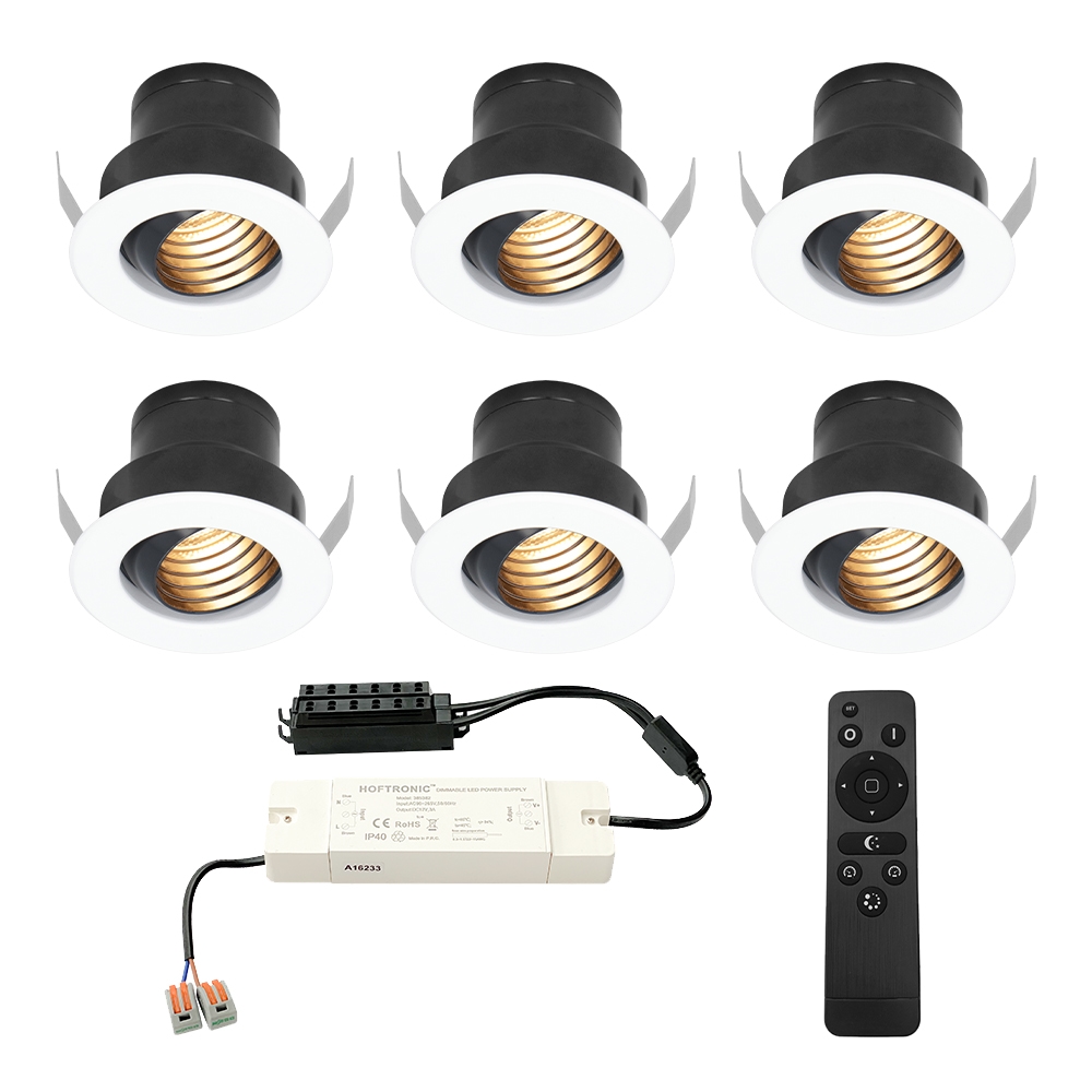 6x Medina 12V Mini Indbygningsspots - 3W 150lm - Dæmpbar - Vipbar - 2700K - IP44