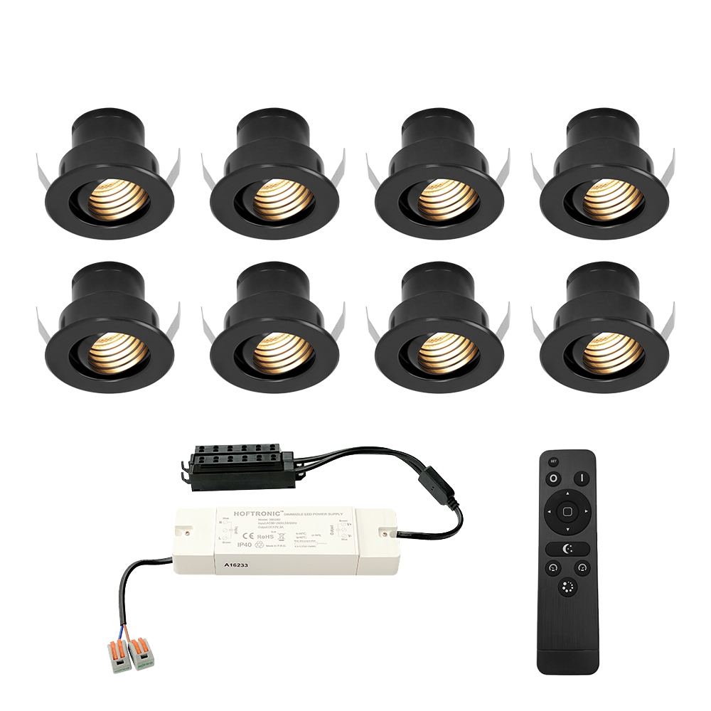 8x Medina 12V Mini Indbygningsspots - 3W 150lm - Dæmpbar - Vipbar - 2700K - IP44