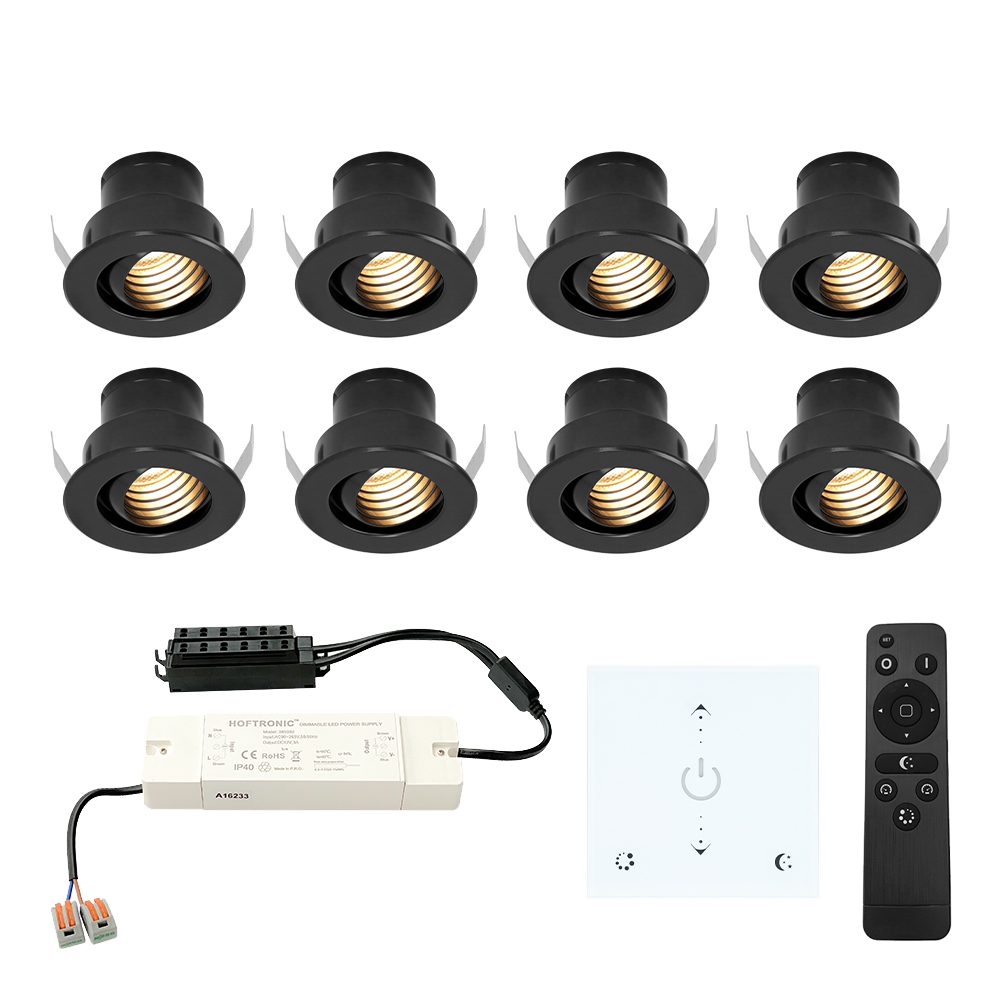 8x Medina 12V LED Mini Spots - vægdæmper - 3W 150lm - Vipbar - 2700K - IP44 - Sort