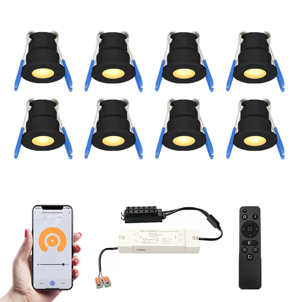 8x Milano Smart Mini Inbouwspots met trafo - 12V 3W 200lm - 2700K - IP65 - Zwart