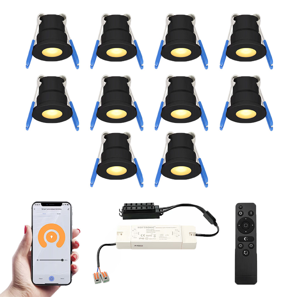 10x Milano Smart Mini Inbouwspots met trafo - 12V 3W 200lm - 2700K - IP65 - Zwart